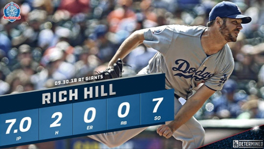 1일 (한국시간) 다저스의 선발 투수 리치 힐이 샌프란시스코 AT&T 파크에서 열린 2018 MLB 샌프란시스코 자이언츠와 방문경기에서  7이닝 동안 무실점을 기록하며 팀의 승리를 이끌었다. <로스앤젤레스 다저스 공식 페이스북>